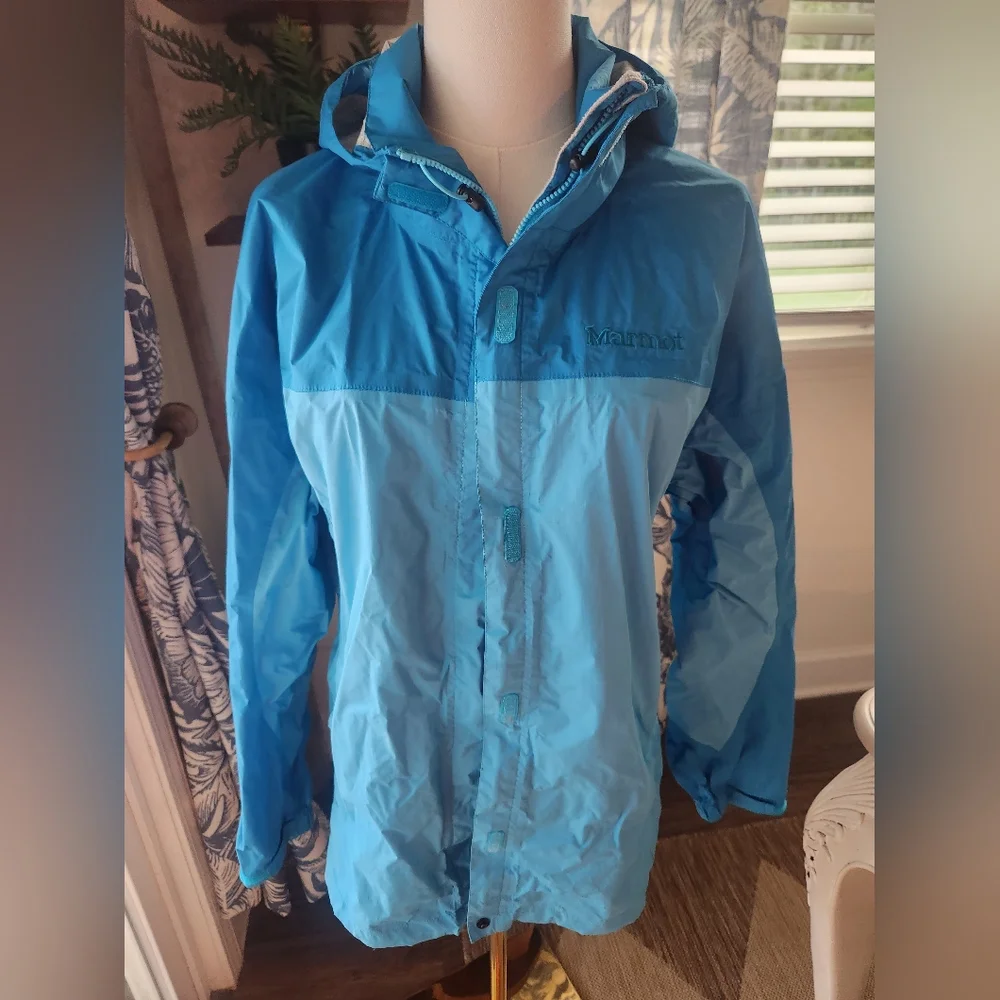 Marmot Two-Tone Turquoise Hooded Rain Jacket - Picture 1 of 7